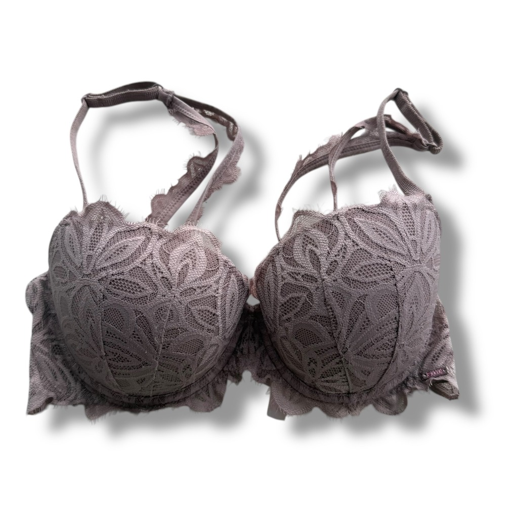 Victoria's Secret PINK Sz 32D Brown Taupe Floral Lace Date Push Up Bra Sexy Boho